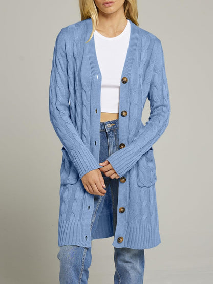 Women'S 2024 Long Sleeve Cable Knit Long Cardigan Open Front Button Sweater Outerwear Blue
