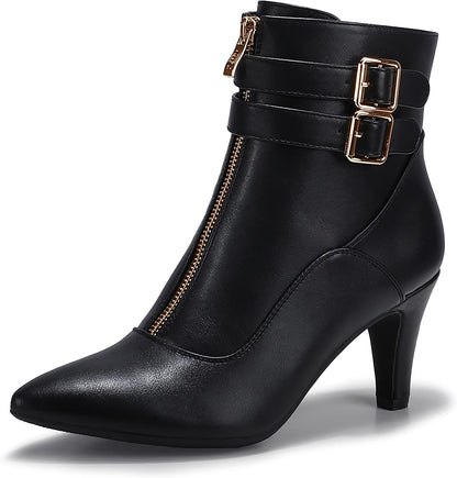 Women'S Pointed Toe Metal Buckle Two Strap Ankle Booties Side Zipper Kitten Heel Dress Classic Short Boots