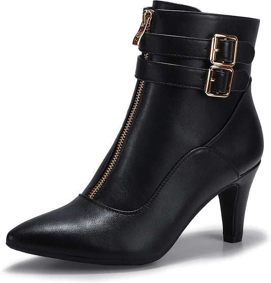 Women'S Pointed Toe Metal Buckle Two Strap Ankle Booties Side Zipper Kitten Heel Dress Classic Short Boots