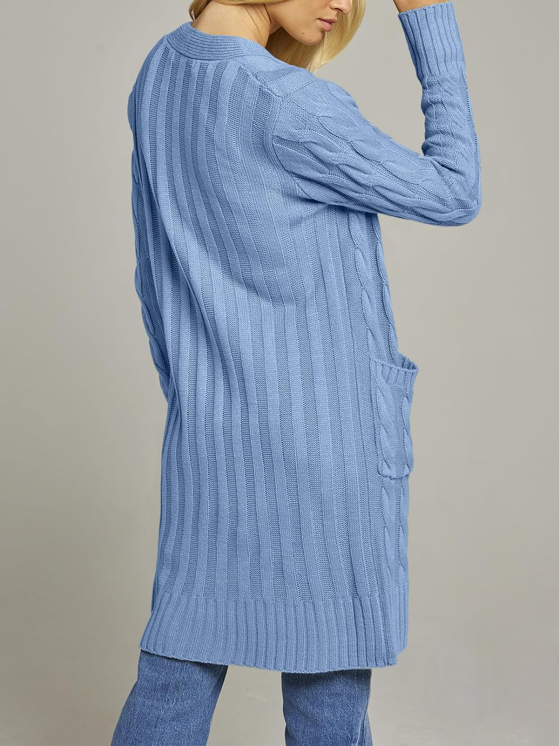 Women'S 2024 Long Sleeve Cable Knit Long Cardigan Open Front Button Sweater Outerwear Blue