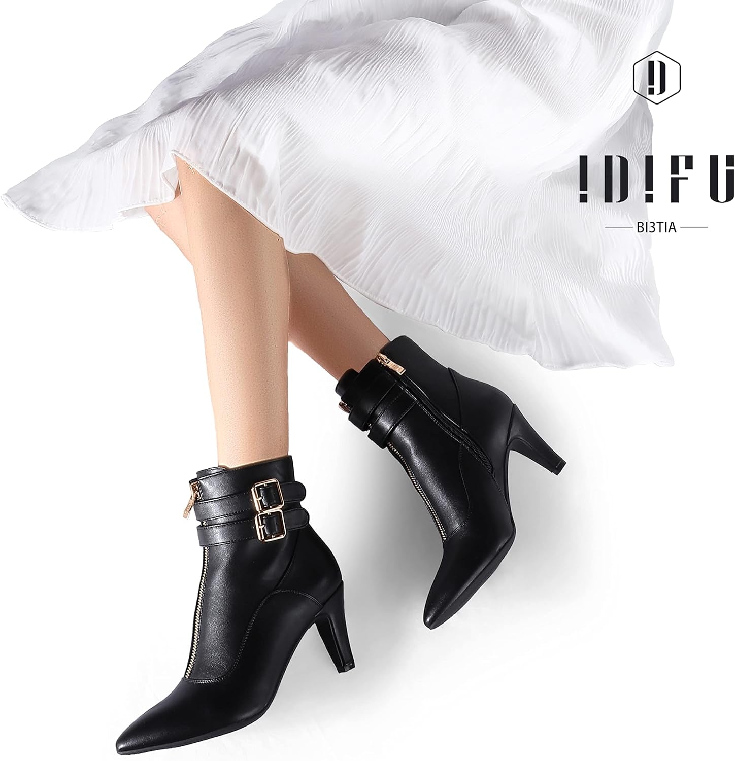Women'S Pointed Toe Metal Buckle Two Strap Ankle Booties Side Zipper Kitten Heel Dress Classic Short Boots