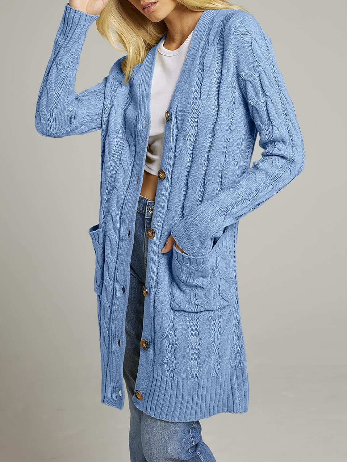 Women'S 2024 Long Sleeve Cable Knit Long Cardigan Open Front Button Sweater Outerwear Blue