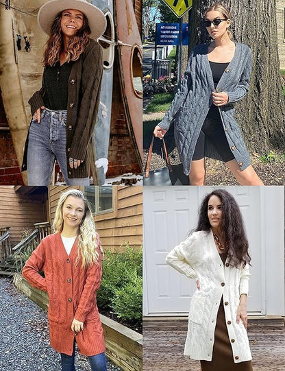 Women'S 2024 Long Sleeve Cable Knit Long Cardigan Open Front Button Sweater Outerwear Blue